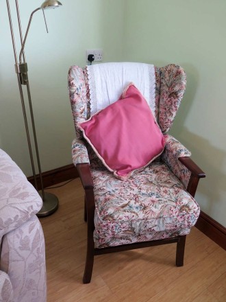 High backed chair has a firm seat height of 55cm or 22”